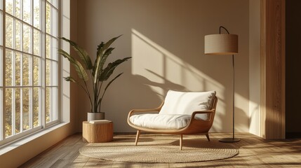 A cozy living room corner with a large window, a comfy armchair, a plant, and a floor lamp. The sunlight streams through the window