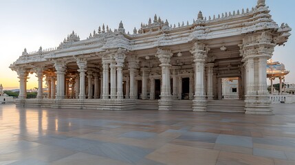 Obraz premium A stunning white marble temple with intricate carvings and elegant columns, basking in the soft glow of sunset, showcasing architectural beauty.