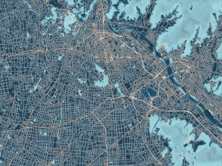 Painterly Style City Map of Midori, Japan in a Blue Color Scheme.