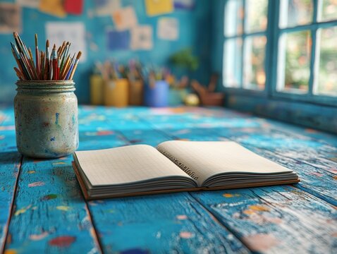 Classroom Creativity, an open notebook beside vibrant art supplies on a classroom floor, inviting exploration and imagination