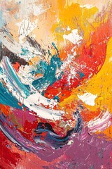 oil on canvas, featuring fluid waves of color in warm tones, surrounded by textured brush marks and bold splashes, creating an expressive and dynamic vertical composition