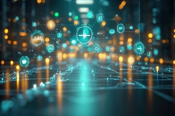 Fototapeta premium Digital healthcare network with icons and glowing lights.