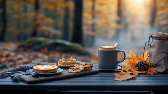 Warm drinks and pastries on a table in autumn forest, creating a cozy atmosphere.