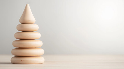 Obraz premium Wooden toy resembling a christmas tree on a table representing growth and development, perfect for educational or playful concepts