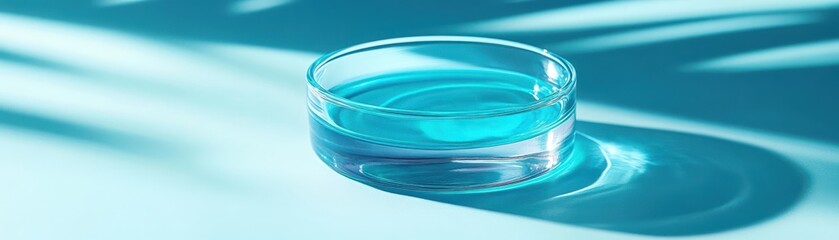 Minimalist Aesthetic of a Glass Petri Dish with Blue Liquid and Shadows on a Turquoise Background
