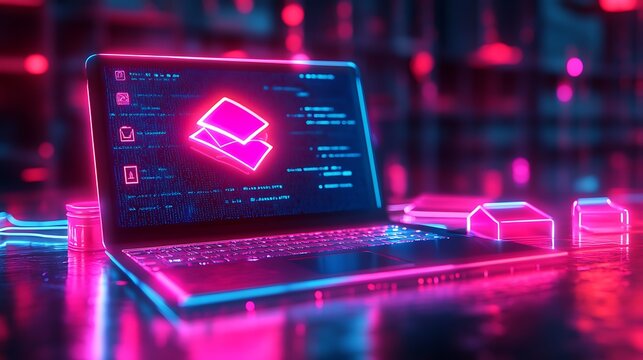 Glowing virtual education icons with laptop symbolizing online courses technology and internet concept