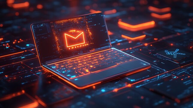 Glowing virtual education icons with laptop symbolizing online courses technology and internet concept