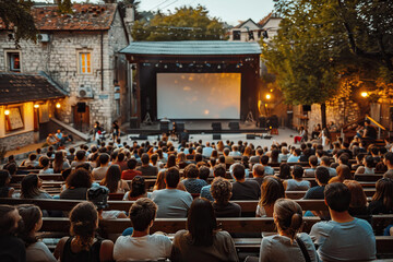 A group of people watching a movie on a big screen in the open air. Generated by artificial intelligence