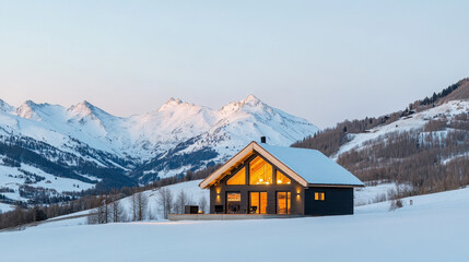 Fototapeta premium A cozy wooden chalet nestled amidst snow-kissed alpine peaks