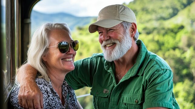 Senior Couple Enjoying Scenic Train Ride Together