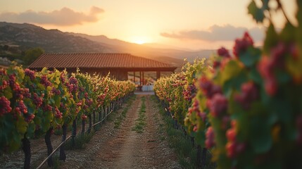 Naklejka premium A dirt path winds through rows of grapevines towards a rustic building with a group of people enjoying the sunset.