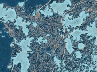 Painterly Style City Map of Mitoyo, Japan in a Blue Color Scheme.