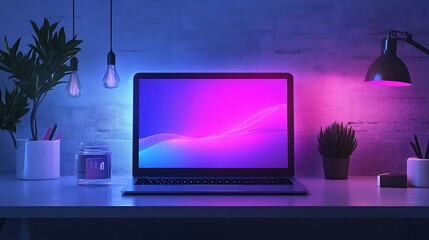 Modern desk with laptop and virtual icons concept for internet technology and online education