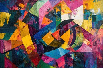 Fototapeta premium abstract oil painting, with bold contrasting colors in geometric shapes and strong brushstrokes, surrounded by layers of thick paint and swirling patterns, creating a vibrant and intense composition