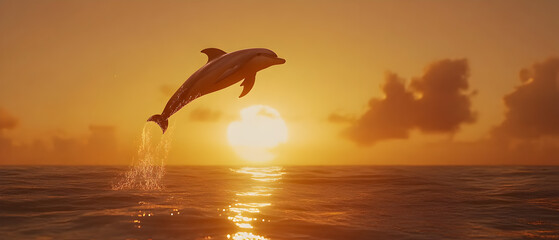 Fototapeta premium Dolphin leaping out of the water at sunset.