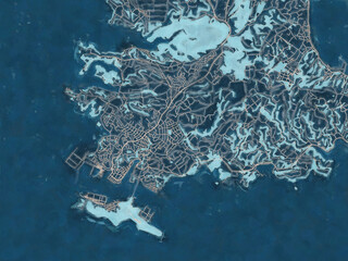 Painterly Style City Map of Miura, Japan in a Blue Color Scheme.