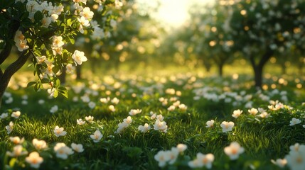 A field of white wildflowers bathed in the warm glow of the setting sun, with trees in the background.