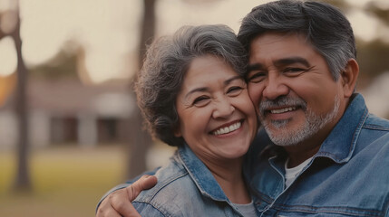 Fototapeta premium Heartwarming scene of an elderly couple enjoying a sunny day, embracing love and happiness, cherishing joyful moments together in a peaceful park setting