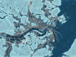 Obraz premium Painterly Style City Map of Miyako, Japan in a Blue Color Scheme.