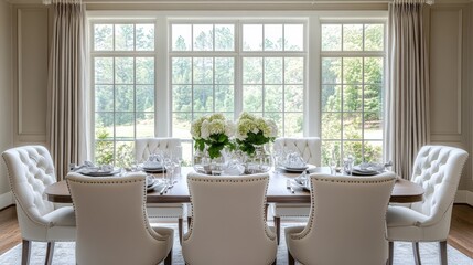 Obraz premium A formal dining room with a large window overlooking a lush green lawn.