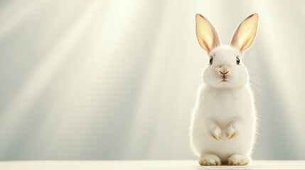 Sweet little white bunny standing on hind legs against a soft, light backdrop, creating an endearing and innocent moment