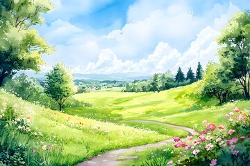 Wild spring flowers on a green meadow
