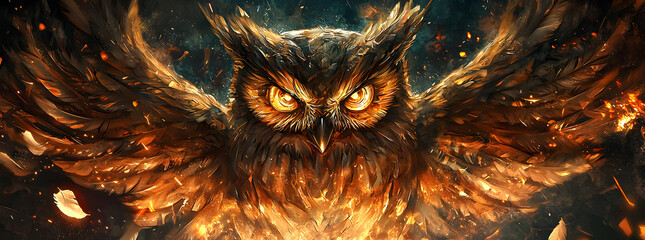 Fiery owl with intense gaze and outstretched wings.