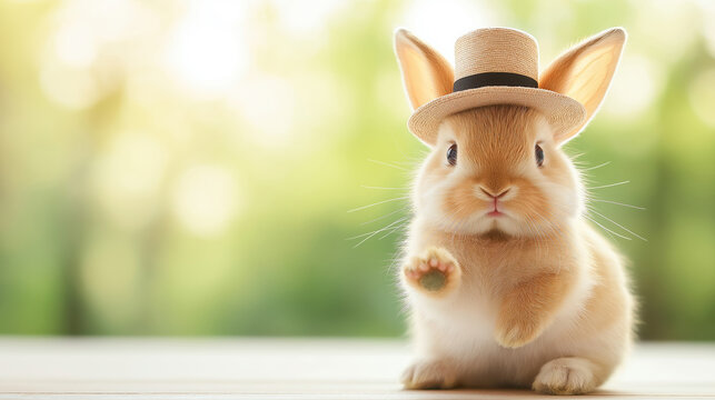 Adorable baby bunny in a straw hat raises its paw in a sunny outdoor scene, ideal for easter or spring themes