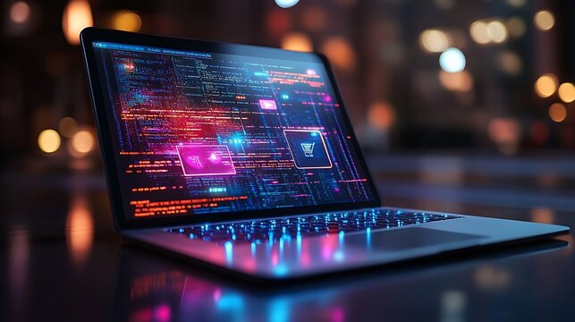 Laptop with floating icons of internet learning and online courses modern education concept