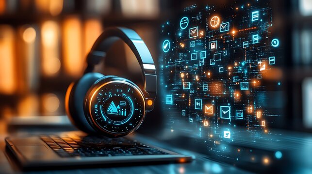 Futuristic learning setup with headset and virtual icons symbolizing education internet technology