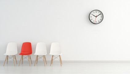 Minimalist interior with white chairs and one standout red chair