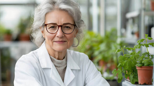 Portrait of a confident mature scientist working in a greenhouse, surrounded by plants