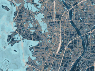 Painterly Style City Map of Muko, Japan in a Blue Color Scheme.