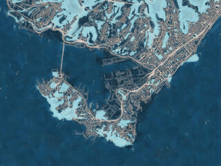 Fototapeta premium Painterly Style City Map of Muroran, Japan in a Blue Color Scheme.