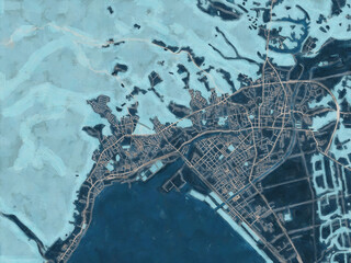 Painterly Style City Map of Mutsu, Japan in a Blue Color Scheme.