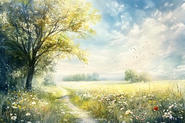Naklejka premium Wild spring flowers on a green meadow 