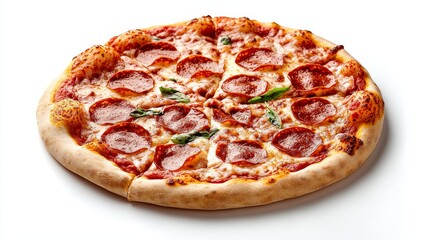 Freshly baked pepperoni pizza, thin crust with vibrant pepperoni and melted cheese spread evenly, resting on a white surface, detailed texture