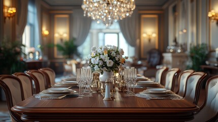 A long, elegant dining table is set with white flowers in a vase, plates, cutlery, and glasses, in a grand room with a chandelier and ornate details.