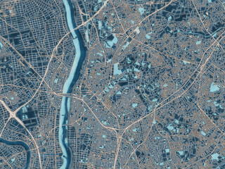 Painterly Style City Map of Nagareyama, Japan in a Blue Color Scheme.