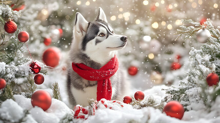 Siberian Husky in a Snowy Winter Wonderland Christmas Scene