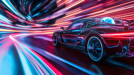 Futuristic sports car speeding through a city at night with neon light trails.