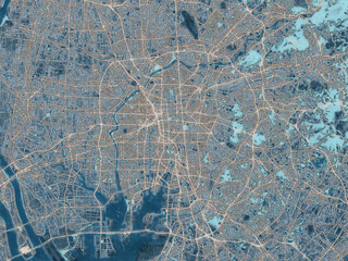 Painterly Style City Map of Nagoya, Japan in a Blue Color Scheme.