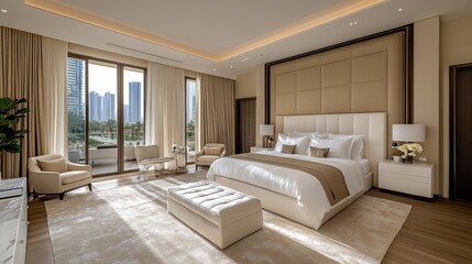 Fototapeta premium A luxurious bedroom with a king-size bed, a large window overlooking a city skyline, and a plush armchair.