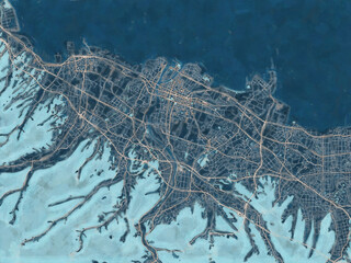 Painterly Style City Map of Nakatsu, Japan in a Blue Color Scheme.