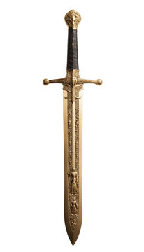 A gold sword with a black handle on a white background.isolated on transparent or white background