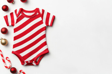 Obraz premium Baby bodysuit with Christmas candy cane pattern, styled on a snowy white surface with red and gold ornaments, festive and bright, clean mockup