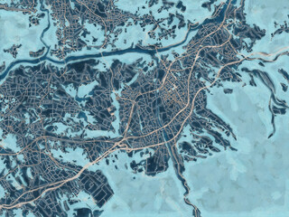 Painterly Style City Map of Nakatsugawa, Japan in a Blue Color Scheme.