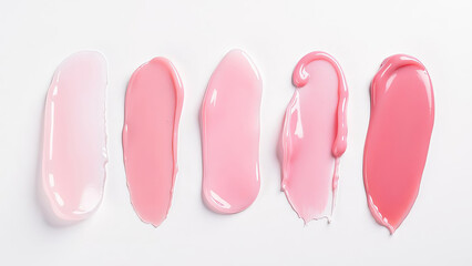 Set of different strokes and drops of translucent pink gel on white background