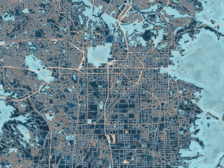 Painterly Style City Map of Nara, Japan in a Blue Color Scheme.