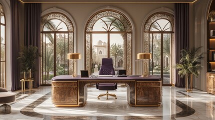 A luxurious home office with a large desk, a comfortable chair, and a view of the garden.